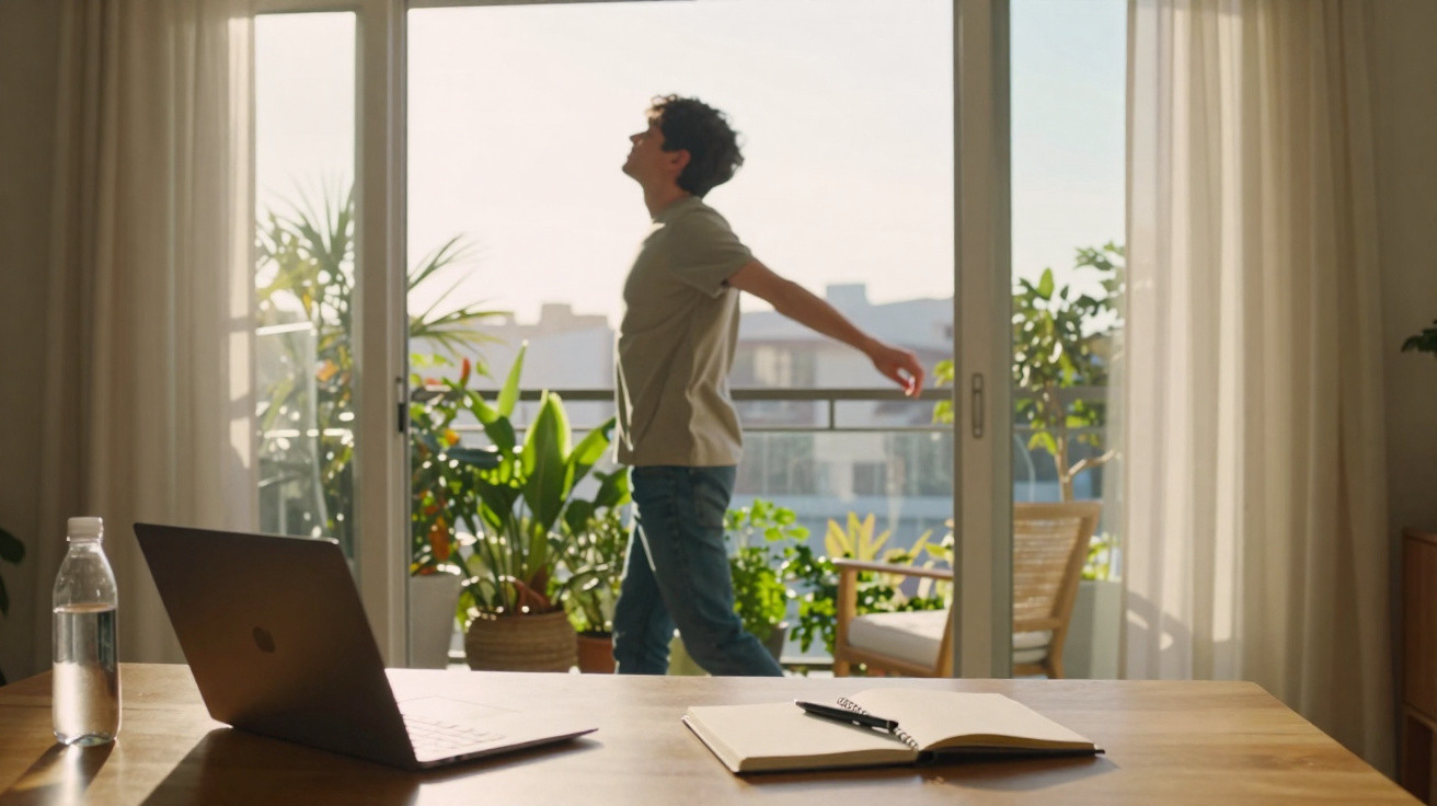 Pessoa esticando os braços em varanda com plantas, vista de uma mesa com notebook, garrafa e caderno.