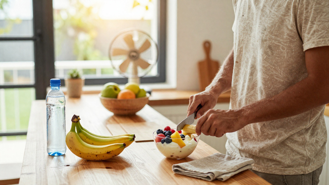 Pessoa fatiando banana para tigela de iogurte com frutas em bancada de cozinha iluminada.