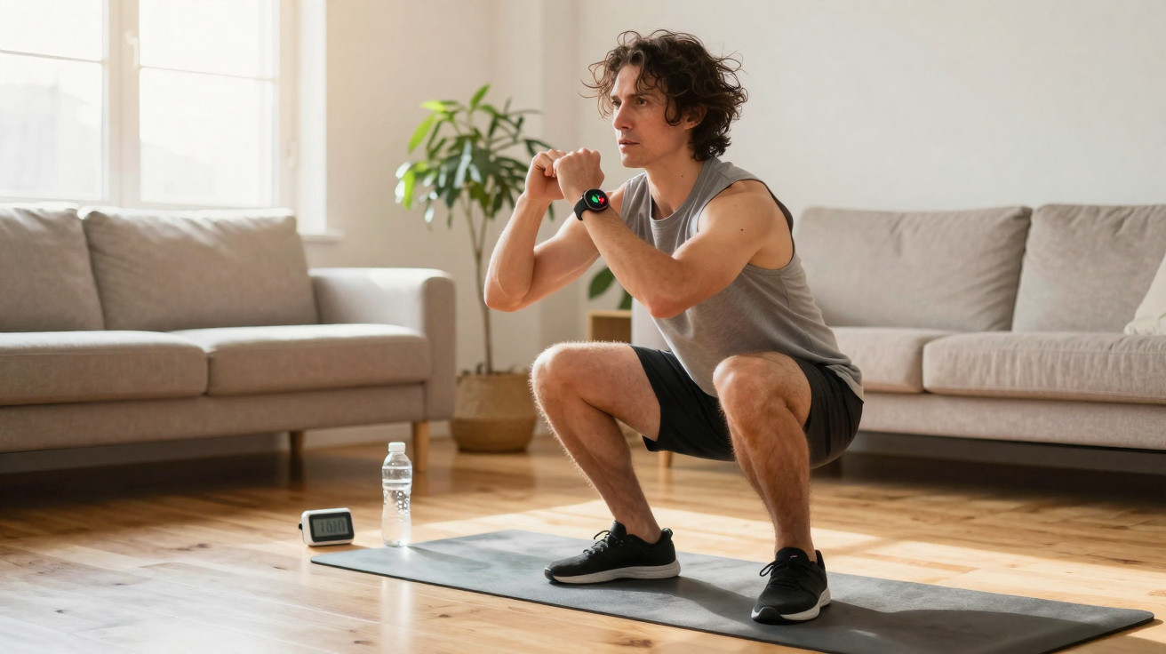 Homem fazendo agachamento em tapete de yoga na sala, com garrafa de água e relógio digital ao lado.