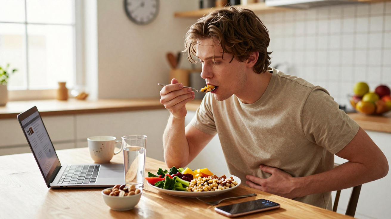 Homem jovem com dor abdominal comendo salada em frente a notebook na cozinha.