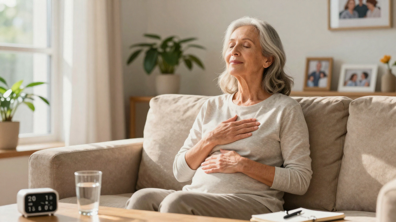 Mulher idosa sentada no sofá com olhos fechados, mão no peito e na barriga, relaxando em casa.