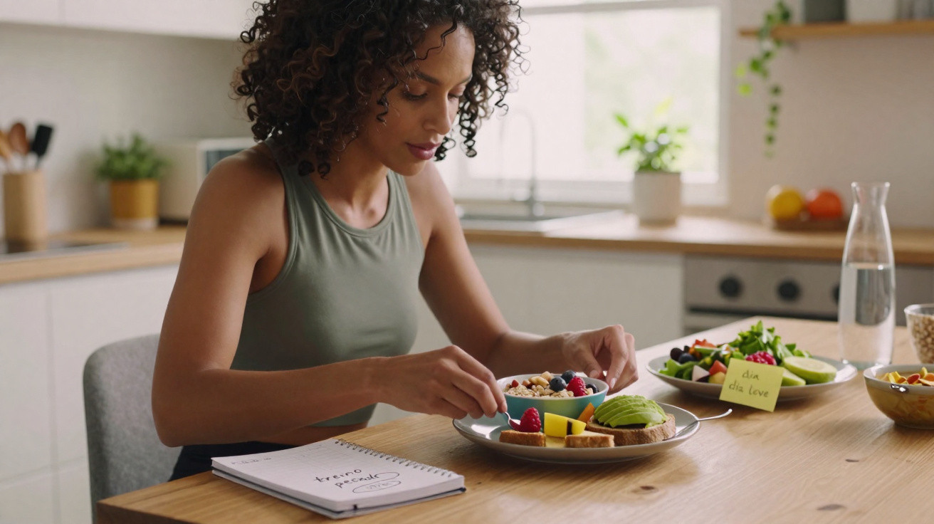 Mulher sentada à mesa na cozinha preparando prato com frutas e alimentos saudáveis, ao lado de caderno e garrafa d’água.