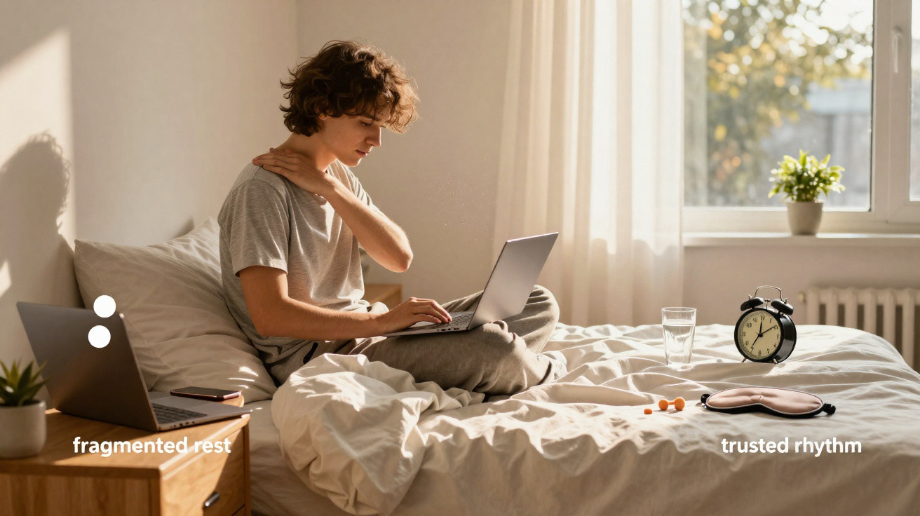Jovem sentado na cama com notebook no colo, massageando o pescoço em quarto iluminado pela luz do dia.
