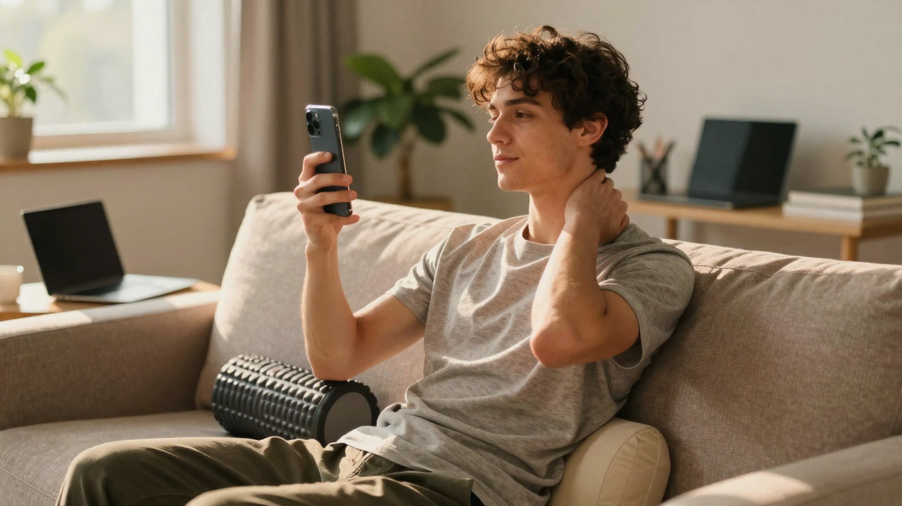 Homem sentado no sofá segurando celular e massageando o pescoço em ambiente iluminado e moderno.