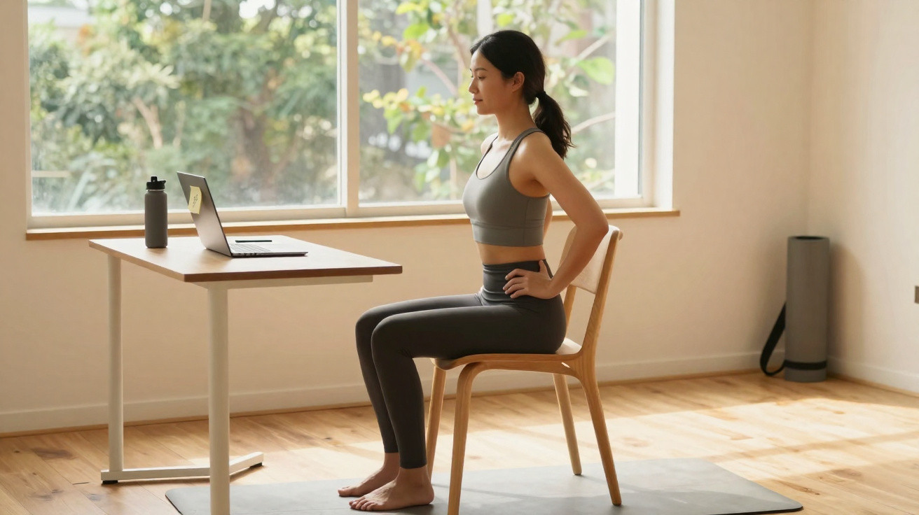 Mulher fazendo exercício sentado em cadeira, próxima a mesa com laptop e garrafa, em ambiente claro com janela.