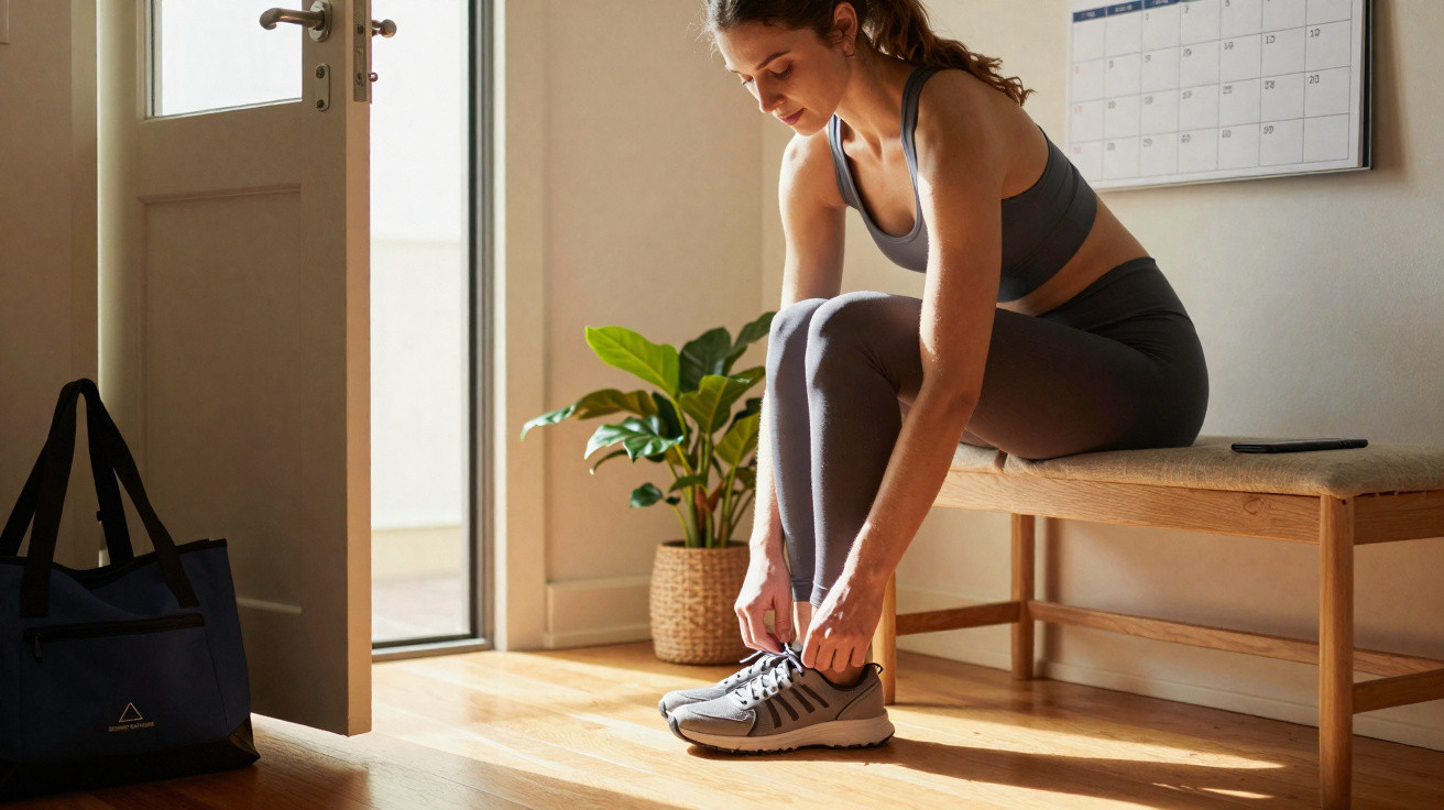 Mulher vestindo roupa esportiva amarrando tênis sentada em banco dentro de casa com luz natural.