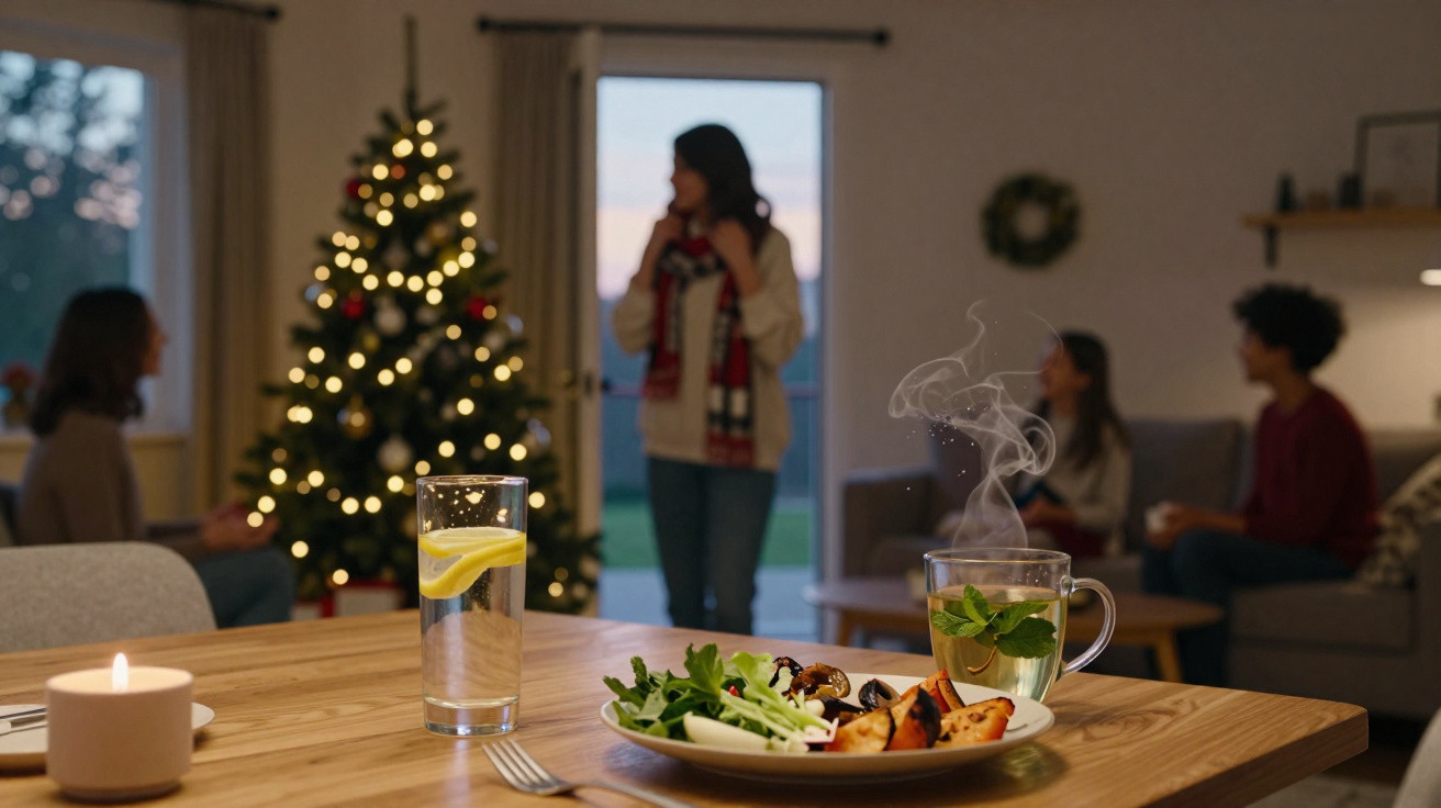 Mesa com prato de comida, chá quente e copo de água, com árvore de Natal e pessoas ao fundo.