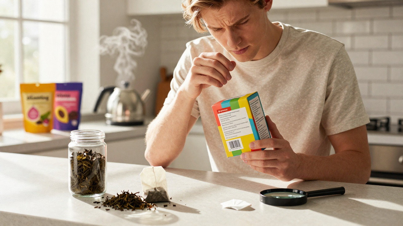Homem lendo rótulo de caixa de chá na cozinha com chá seco, saquinho e lupa sobre a mesa.