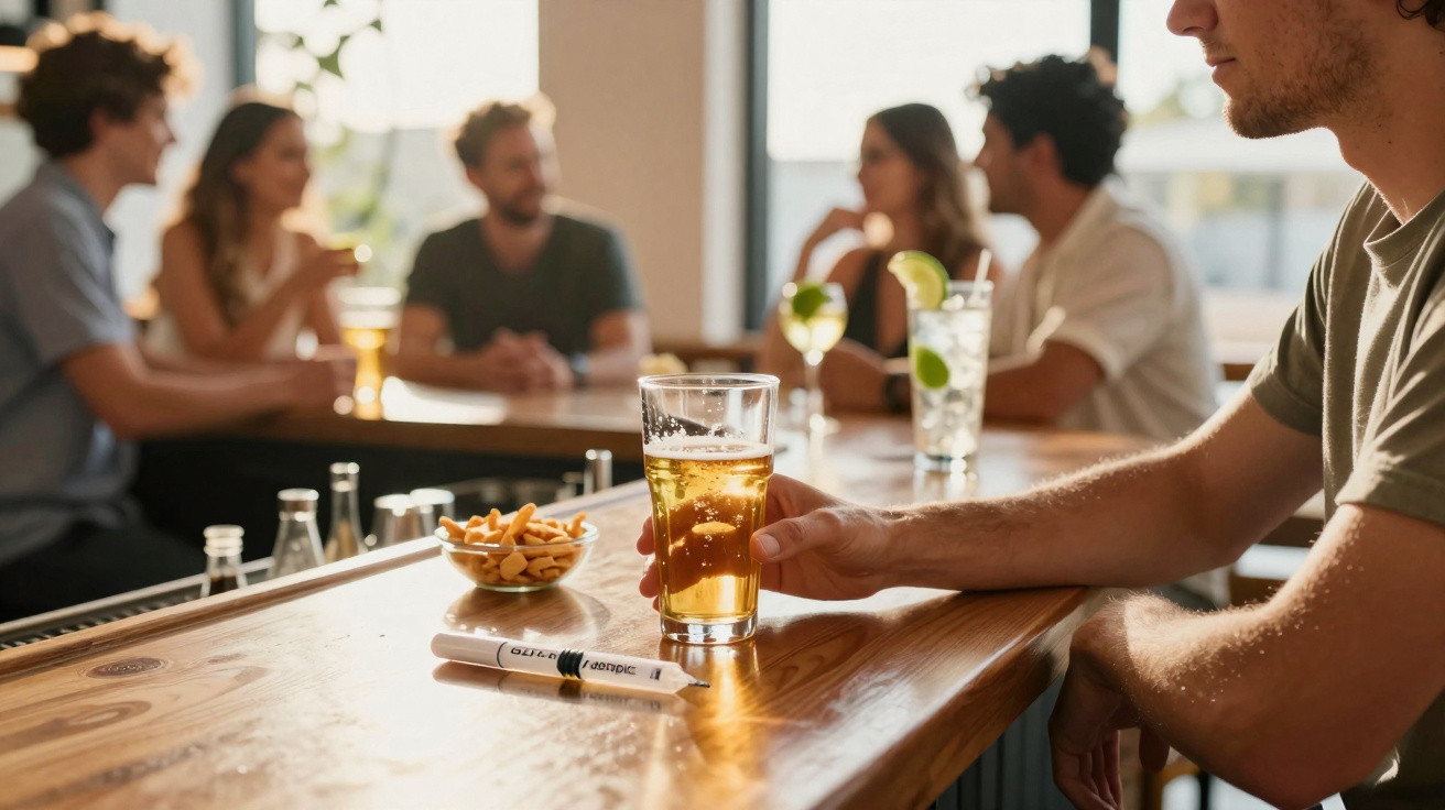 Pessoa segurando copo de cerveja no bar com grupo de amigos ao fundo e petiscos sobre o balcão.
