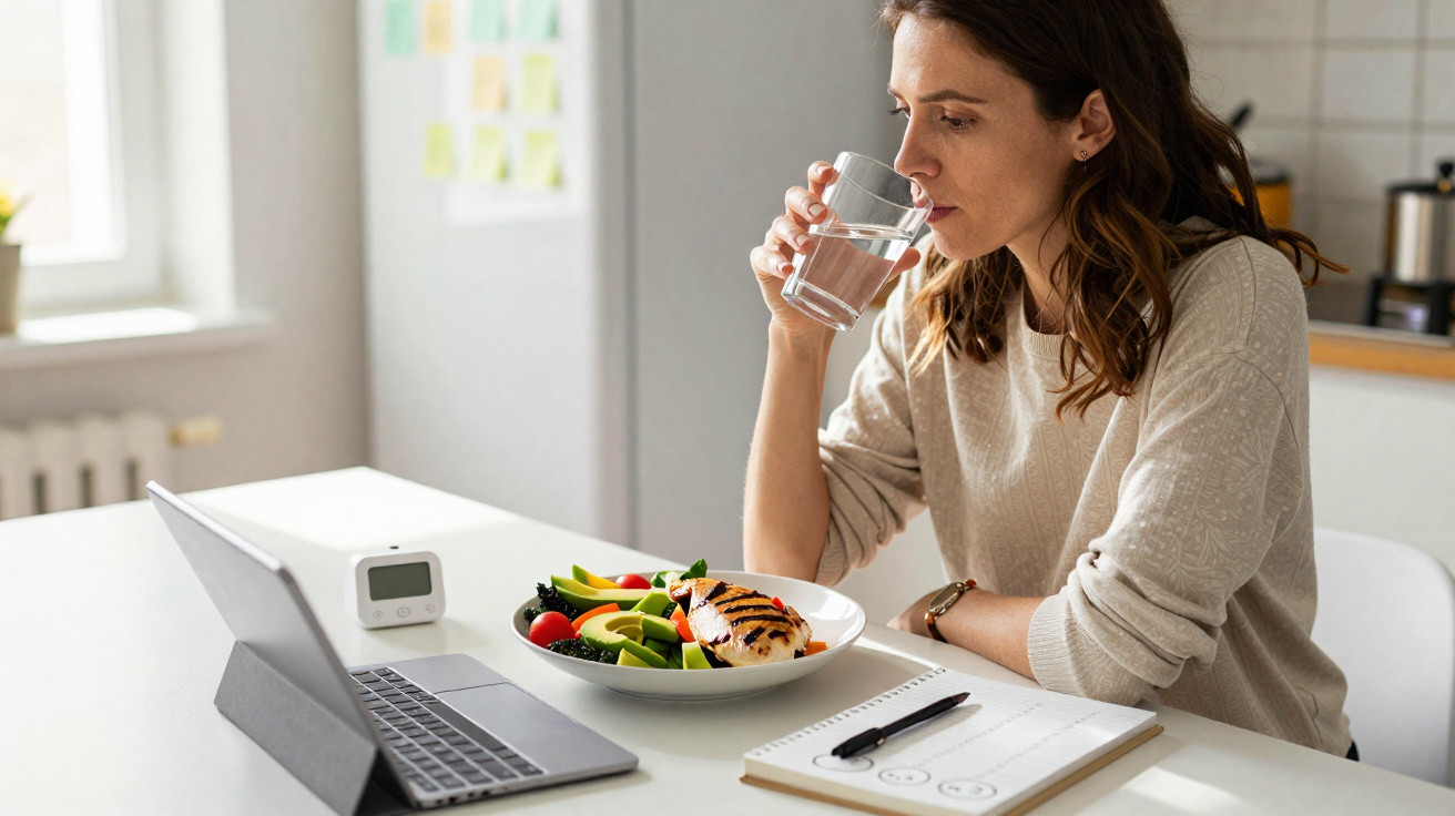 Mulher bebendo água na cozinha com prato de salada, laptop e agenda à sua frente.