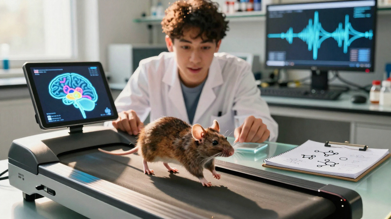 Cientista observa rato em esteira para experimento, com telas e gráficos de cérebro ao fundo.