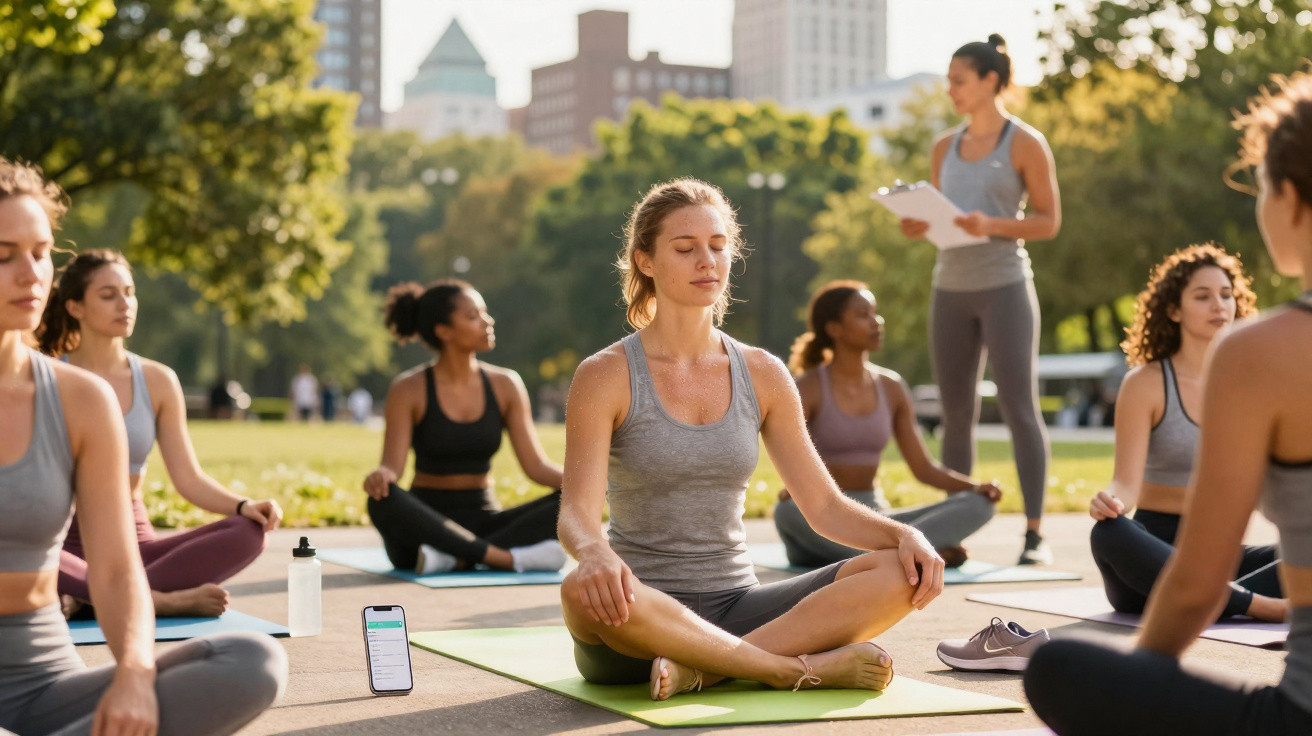 Grupo de mulheres praticando yoga ao ar livre em parque urbano com instrutora ao fundo.