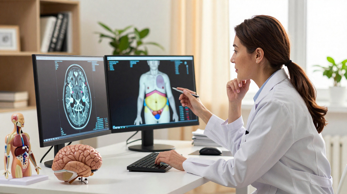 Médica analisando imagens de ressonância e corpo humano em monitores com modelo anatômico na mesa.