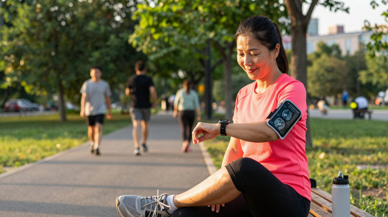 Mulher sentada no banco do parque conferindo relógio durante exercício ao ar livre.