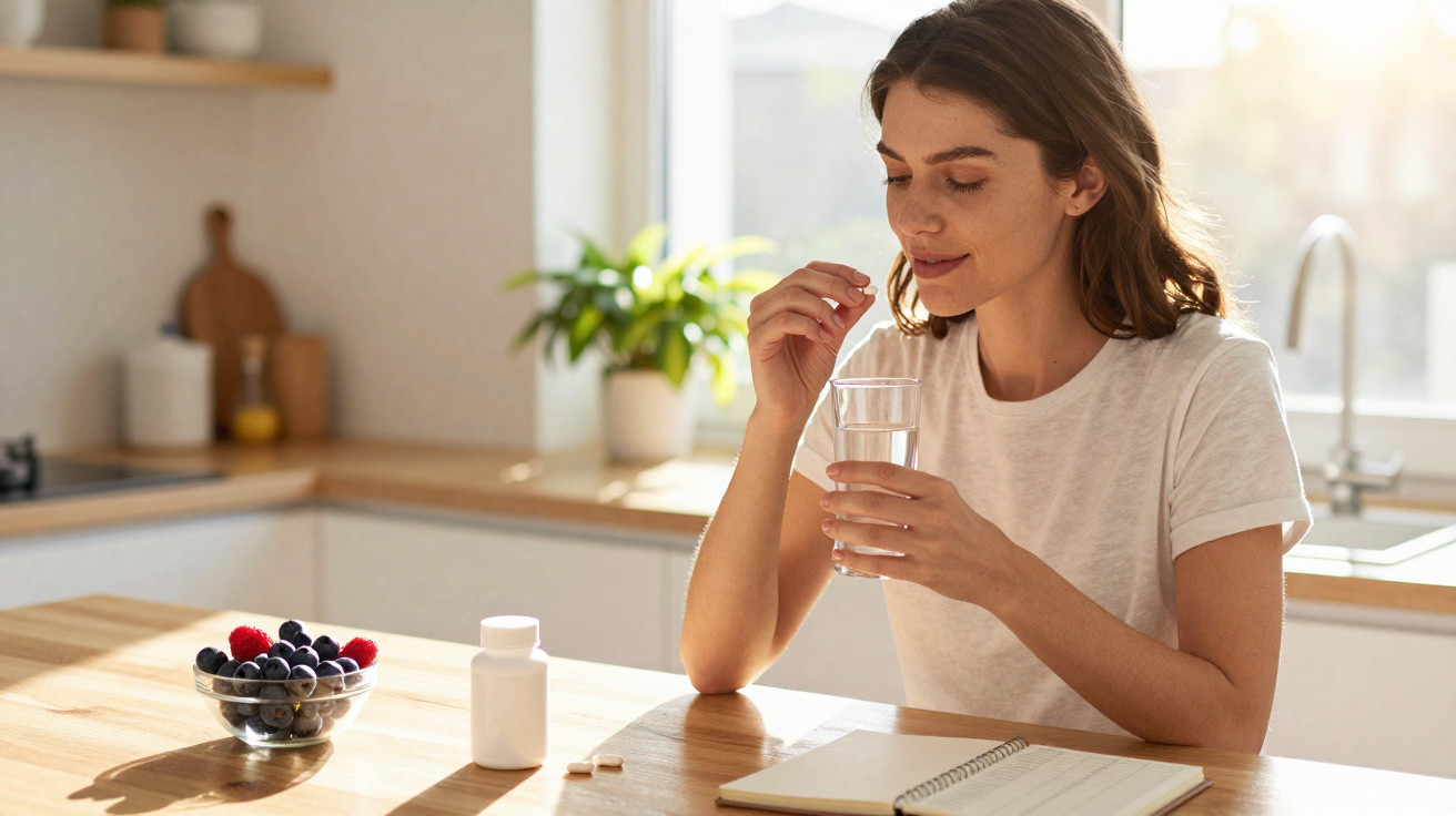 Mulher tomando comprimido com copo d'água na cozinha, com frutas e caderno sobre a mesa.