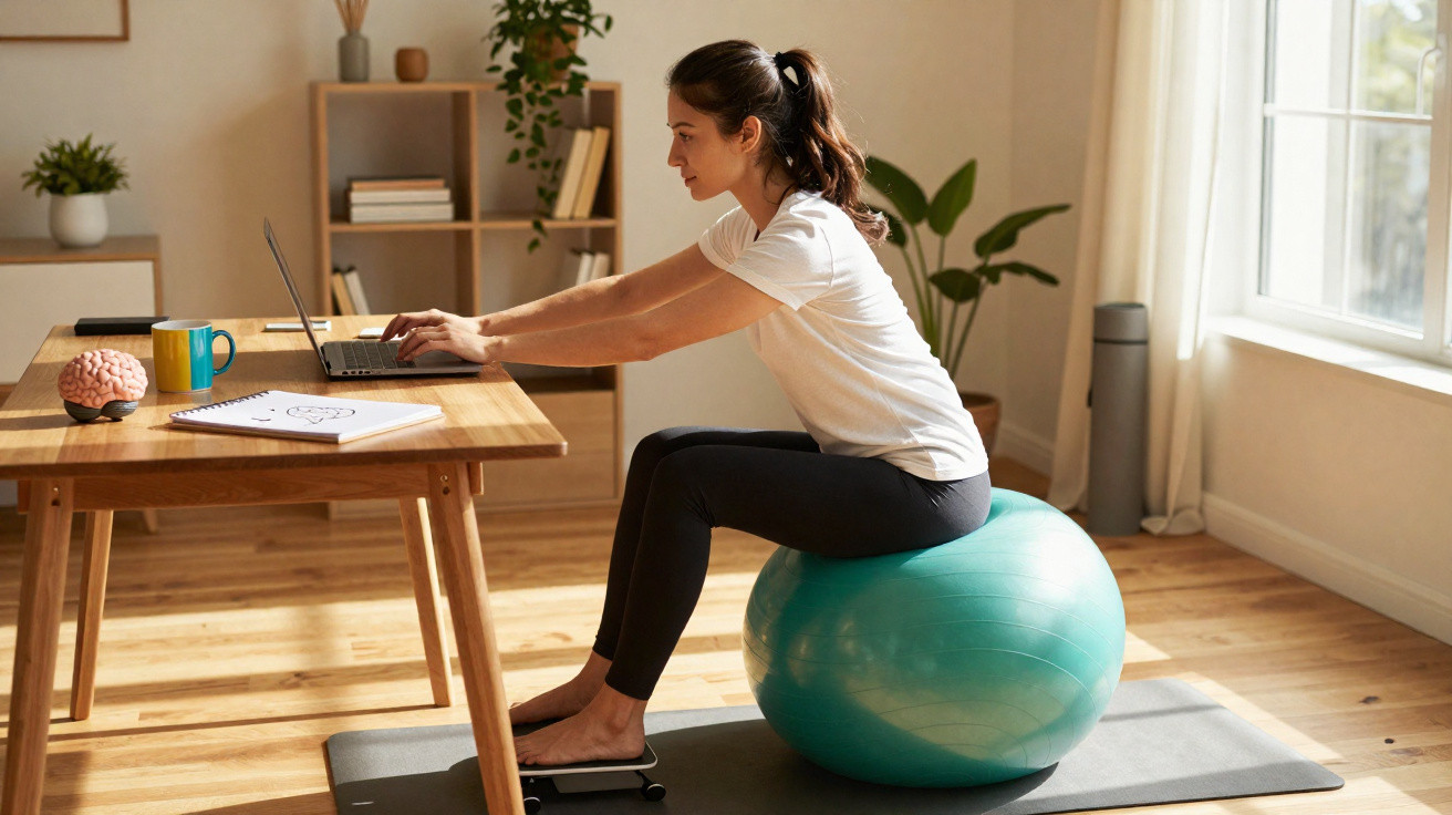 Mulher sentada em bola de exercício azul usando laptop em ambiente iluminado com plantas e móveis de madeira.