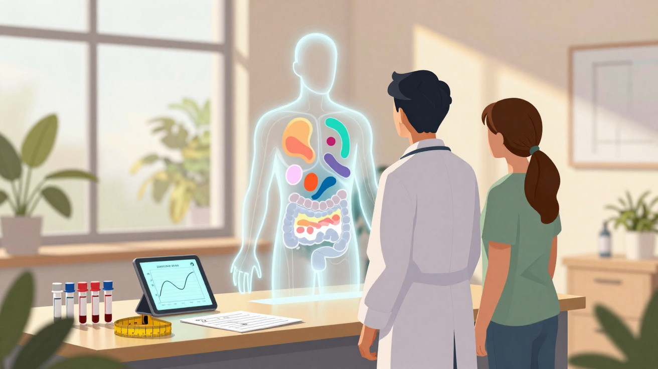 Médico mostra sistema digestivo holográfico para paciente em consultório iluminado, com equipamentos médicos na mesa.
