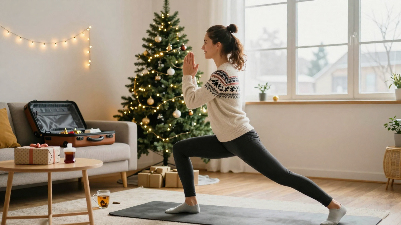 Mulher fazendo exercício de alongamento em tapete na sala com árvore de Natal decorada ao fundo.