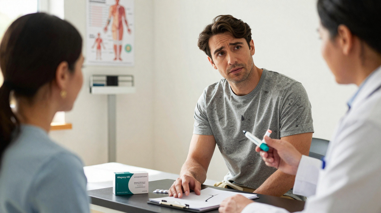 Homem conversa com médico e mulher em consultório médico, com caixa de medicamento na mesa.