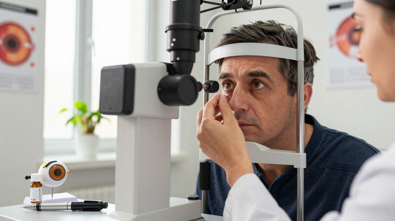 Homem passando por exame oftalmológico com equipamento em clínica de saúde ocular.