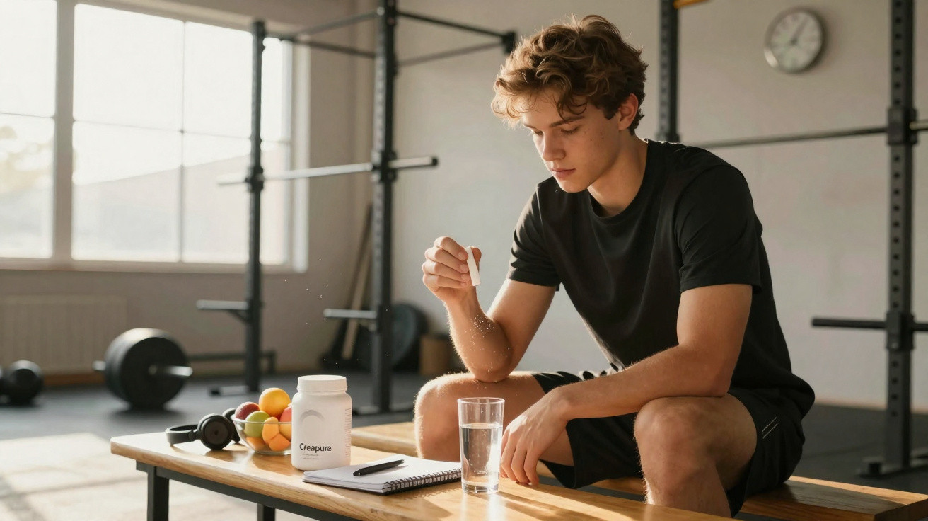 Jovem em roupa esportiva adiciona suplemento em copo de água em academia, com frutas e anotações ao lado.