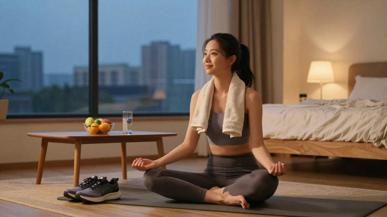 Mulher jovem meditando em posição de lótus em um quarto, com toalha no pescoço e tênis ao lado.