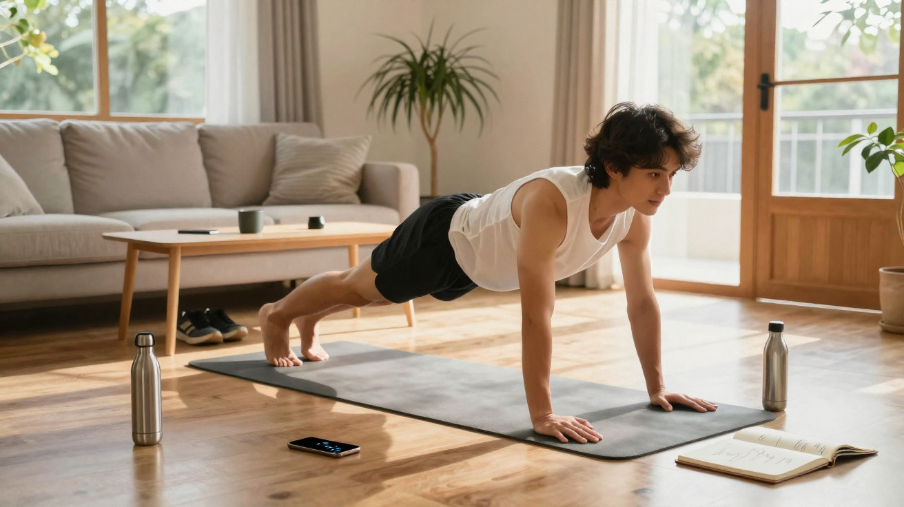 Pessoa jovem fazendo prancha em tapete de yoga em sala de estar iluminada e organizada.