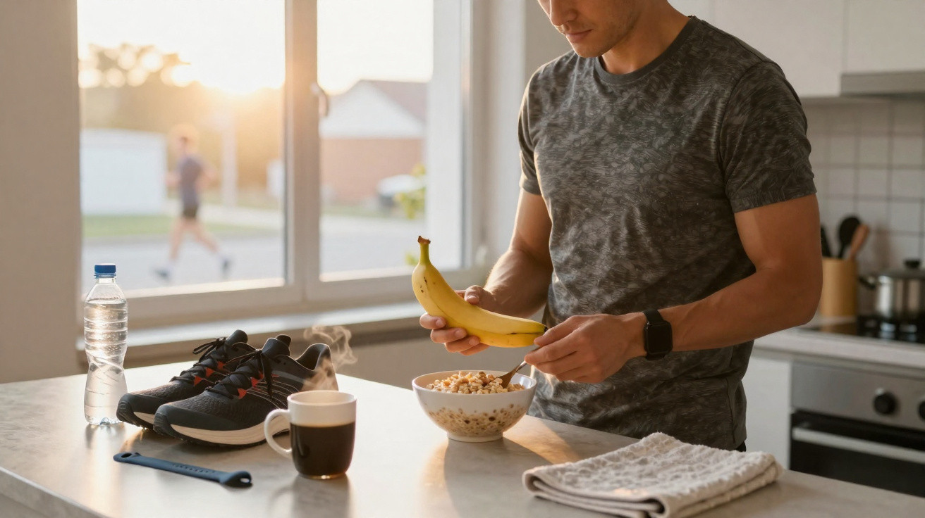 Homem segurando banana perto de tigela de cereal, tênis e café em bancada de cozinha.