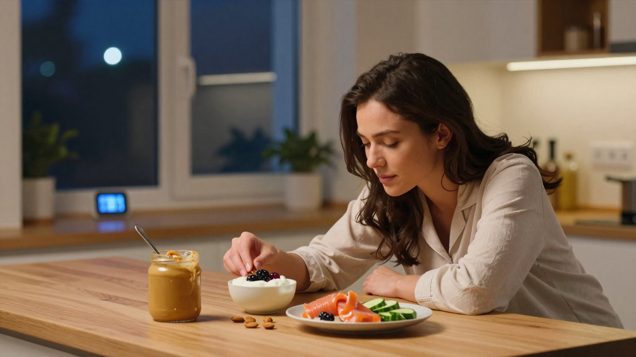 Mulher jovem em cozinha moderna preparando tigela com frutas e iogurte, com comida saudável sobre mesa de madeira.