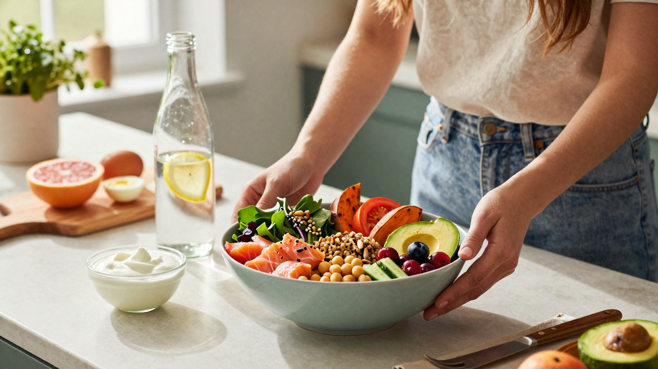 Pessoa segurando tigela com salada colorida, frutas, legumes e grão-de-bico sobre bancada branca.