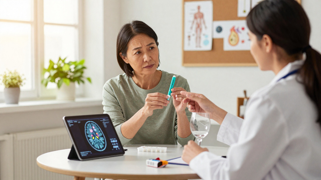 Mulher discutindo exame de sangue com médica em consultório com imagem cerebral em tablet.