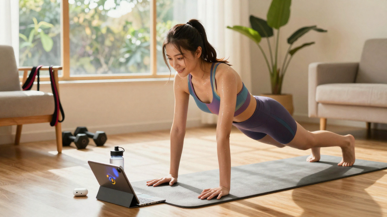 Mulher fazendo prancha em tapete de yoga acompanhando treino pelo notebook em sala iluminada.