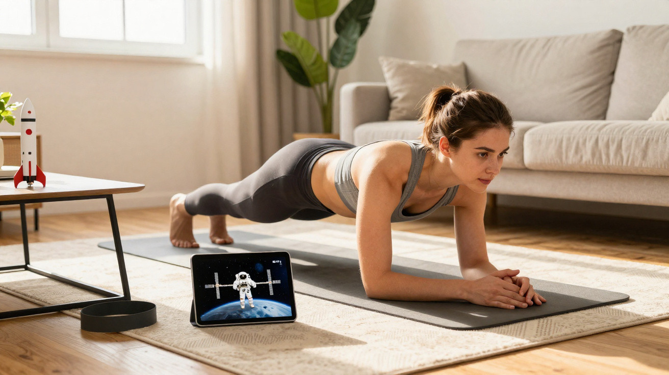 Mulher fazendo prancha em tapete na sala, assistindo aula de exercícios no tablet próximo ao sofá.