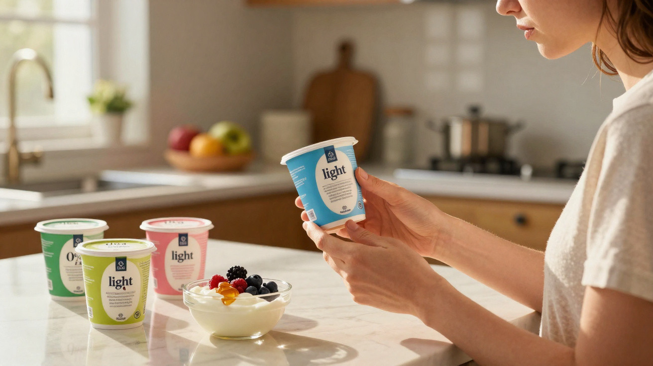 Mulher segurando pote de iogurte light em cozinha com potes e bowl de iogurte com frutas na bancada.