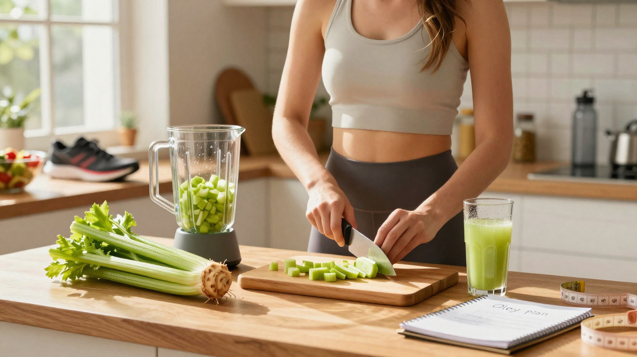Mulher cortando aipo na cozinha para preparar suco verde saudável e fitness.