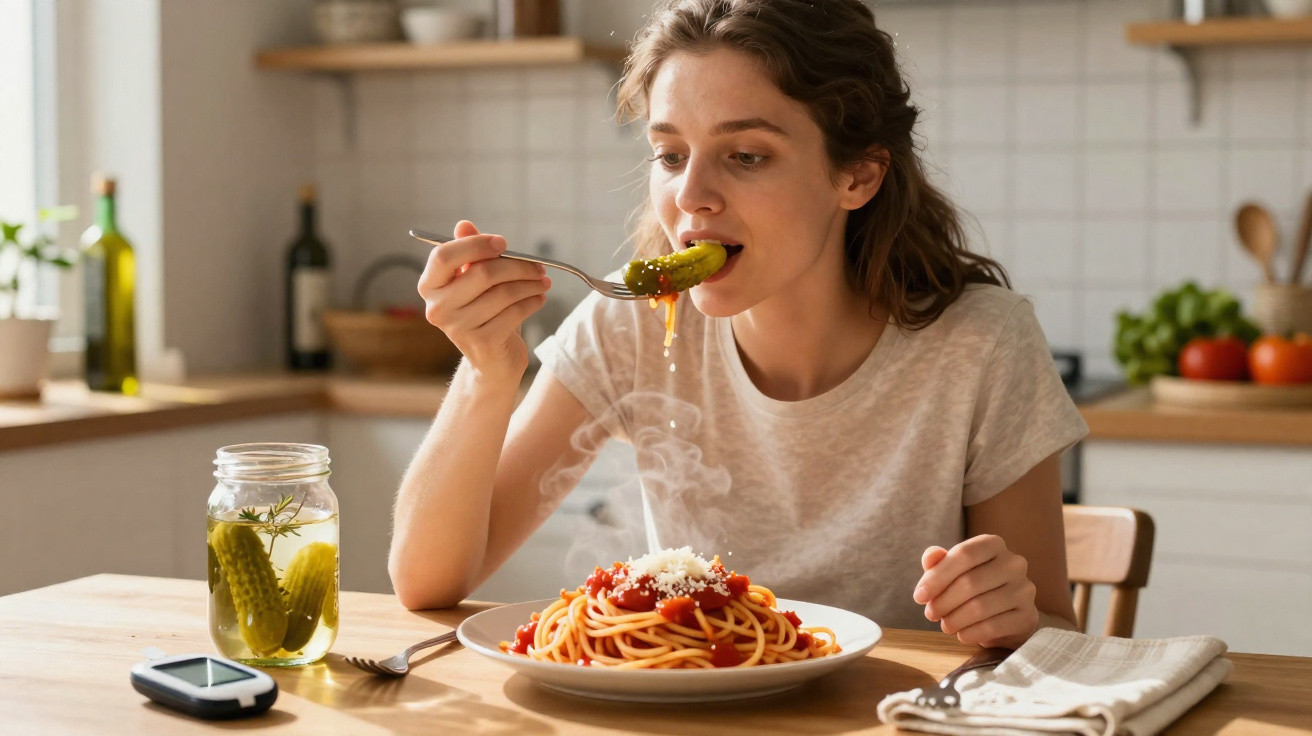 Mulher comendo picles enquanto desfruta de prato de espaguete com molho e queijo em cozinha iluminada.