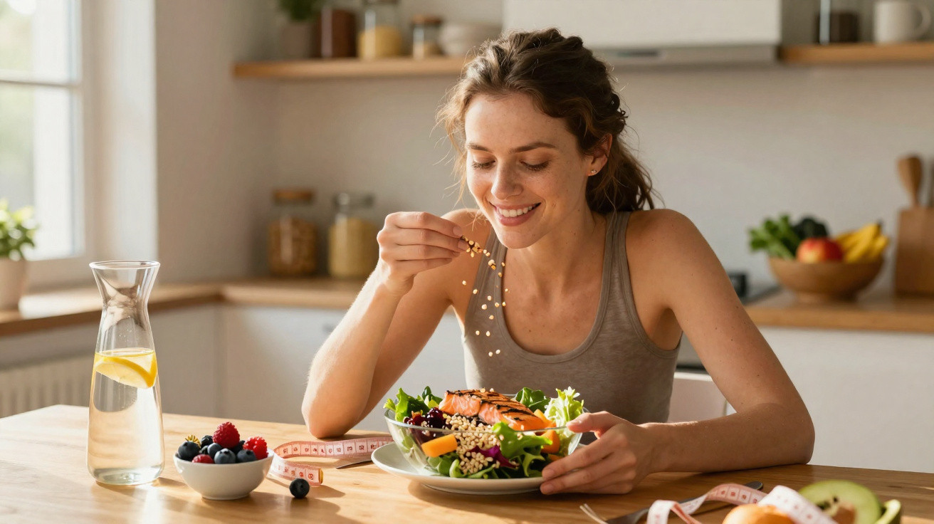 Mulher sorridente temperando salada saudável com sementes na cozinha iluminada e moderna.
