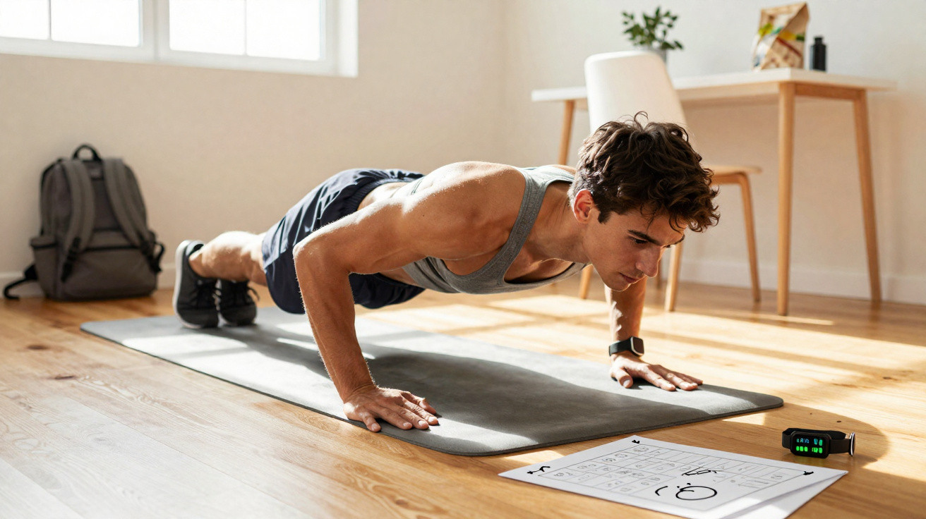 Homem fazendo flexão em tapete de exercício em ambiente iluminado, com relógio e treino ao lado.