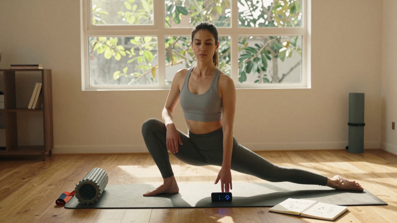 Mulher fazendo alongamento com perna esticada em tapete de yoga em ambiente iluminado e tranquilo.