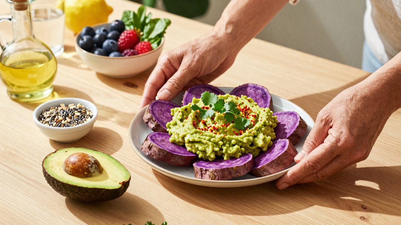 Prato com guacamole e chips de batata doce roxa, ao lado de abacate, frutas, sementes e azeite em mesa de madeira.
