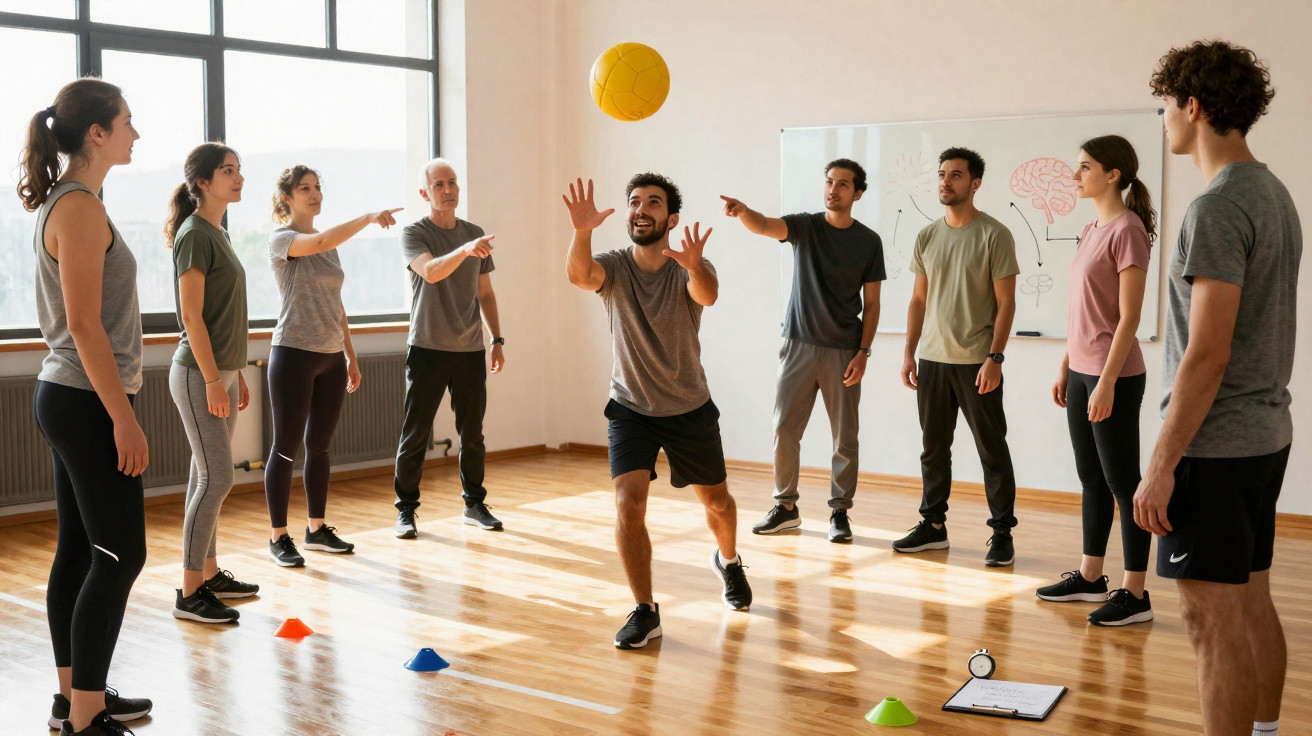 Grupo de oito pessoas em círculo em quadra indoor jogando com bola amarela.
